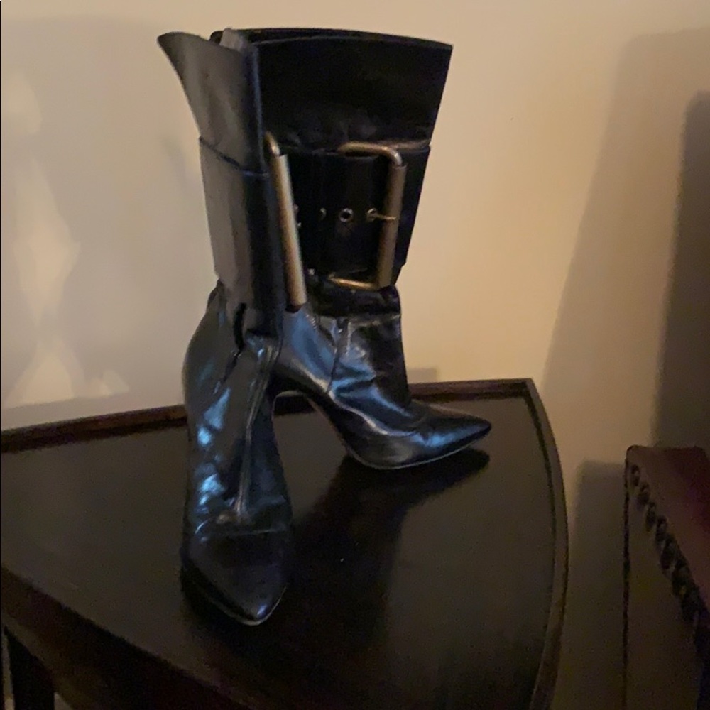 Manolo Blahnik black mid calf boot with buckle